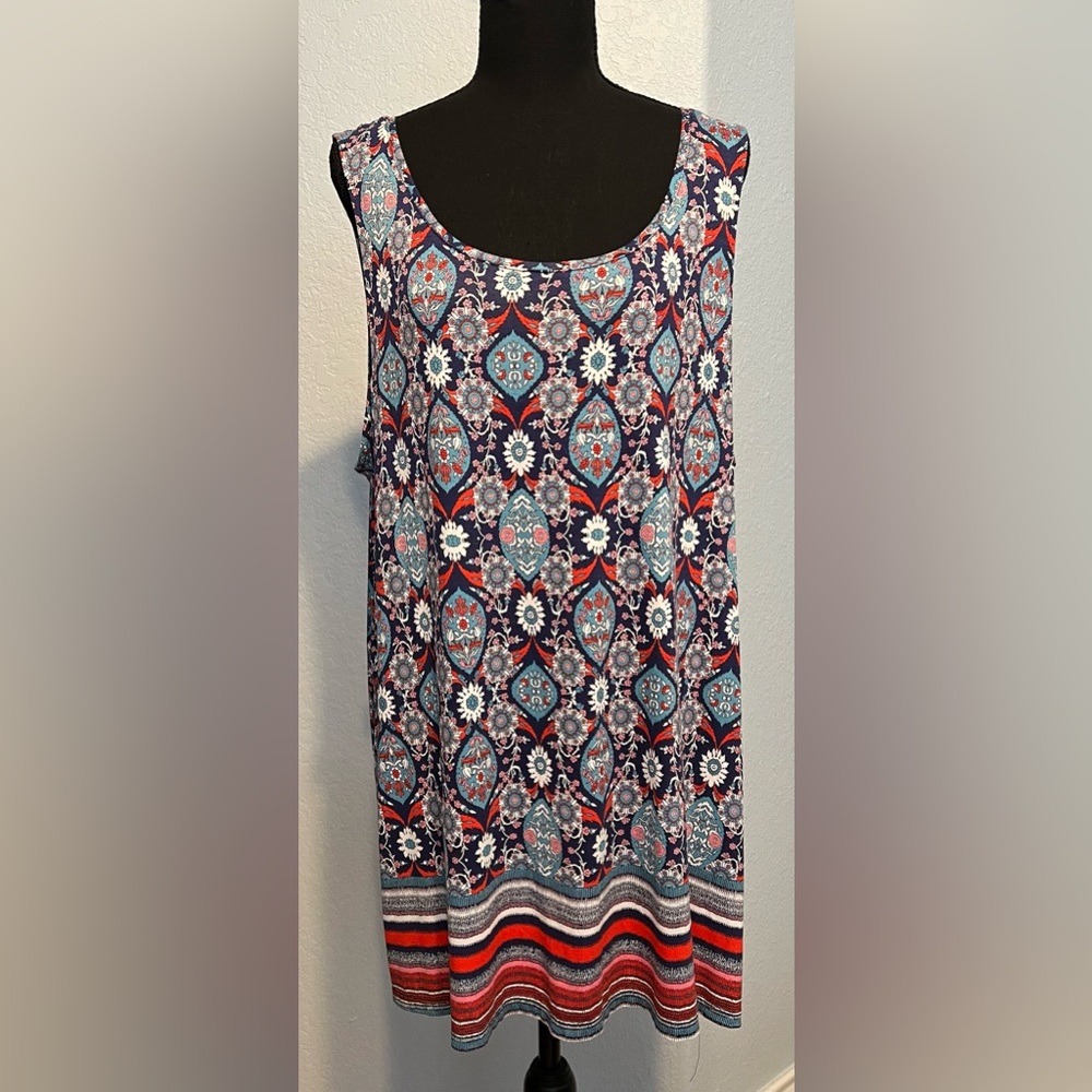 Sigrid Olsen Sleeveless Tunic Blue and Red Patterned Top NWT